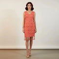 Women's Peach Blossom Sleeveless Floral Fringe Mini Dress  3D floral appliqué, V-neckline, tassel hem front side medium