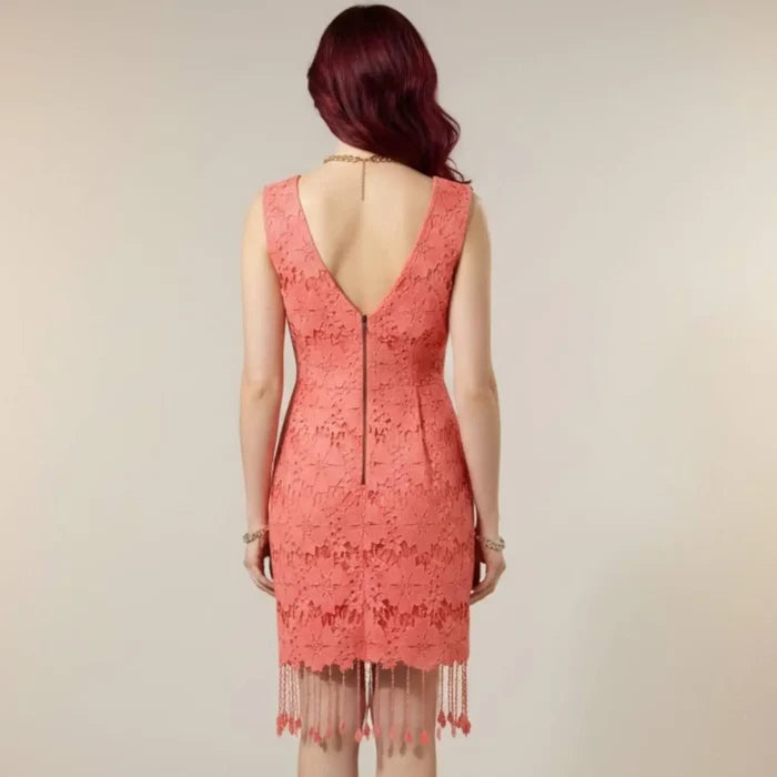 Women's Peach Blossom Sleeveless Floral Fringe Mini Dress  3D floral appliqué, V-neckline, tassel hem front side medium