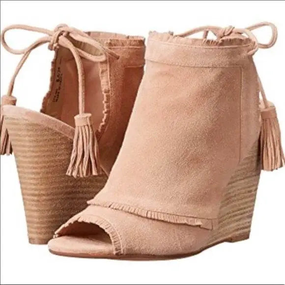 pink peep toe ankle tie wedge booties with suede fringe open back and woodgrain wedge heel boho gladiator style sandal booties size 8