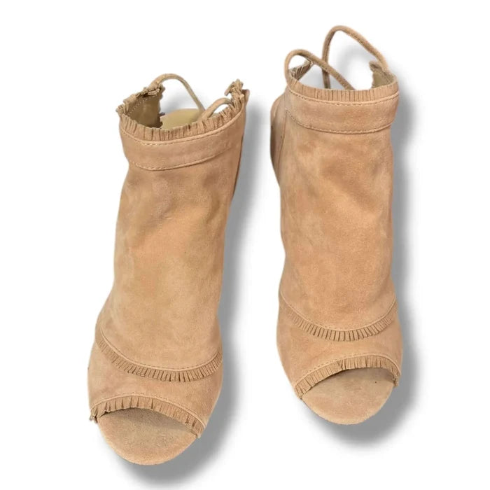 pink peep toe ankle tie wedge booties with suede fringe open back and woodgrain wedge heel boho gladiator style sandal booties size 8