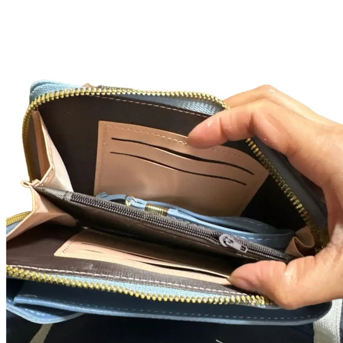Inside credit card money woman carrying Phone Wallet Mini Crossbody Bag with front phone pocket and adjustable strap gray / women's/ one size