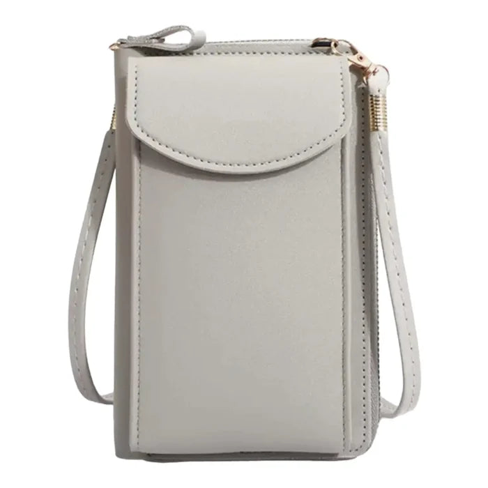 woman carrying Phone Wallet Mini Crossbody Bag with front phone pocket and adjustable strap gray / women's/ one size