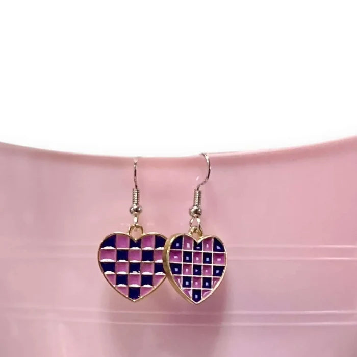 Pink and Purple Checks Heart Earrings with enamel checkerboard hearts and Y2K style