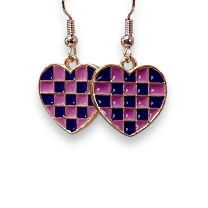 Pink and Purple Checks Heart Earrings with enamel checkerboard hearts and Y2K style