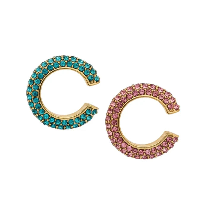 Pink Blue Pavé Gold Ear Cuff Set with chunky crystal no-piercing cuffs 19mm