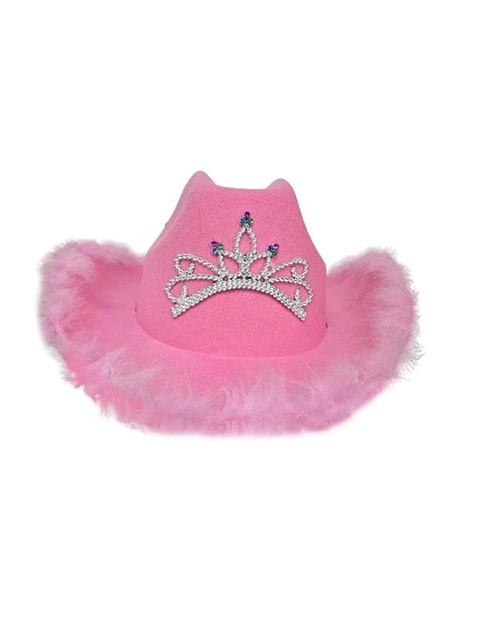 Pink Cowboy Hat with Fluff Trim - thefancydress.co.uk
