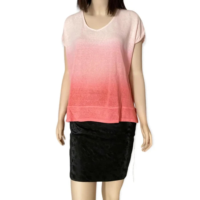 Pink Dip Short Sleeve Cotton Knit Top - pink/white / Large / V-neck - Women’s Tops