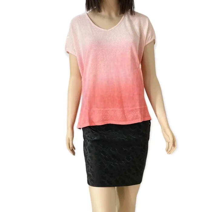 Pink Dip Short Sleeve Cotton Knit Top - pink/white / Large / V-neck - Women’s Tops