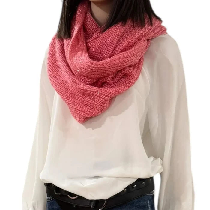 pink infinity knitted scarf with sequins wide loop winter neck wrap laid flat