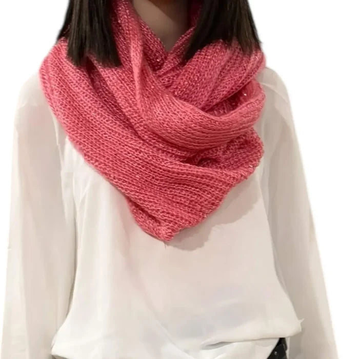 pink infinity knitted scarf with sequins wide loop winter neck wrap laid flat
