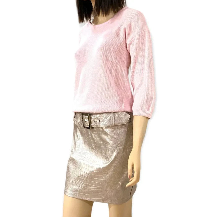 Pink knit mesh back panel top featuring a sheer see-through back, cotton knit front, round neckline, and 3/4 sleeves. Lightweight pullover for spring and summer fashion.