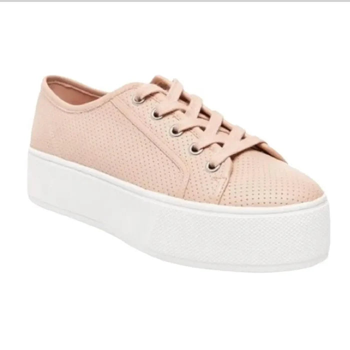 pink leather lace up chunky sole sneakers with white platform and perforated uppers women’s size 10