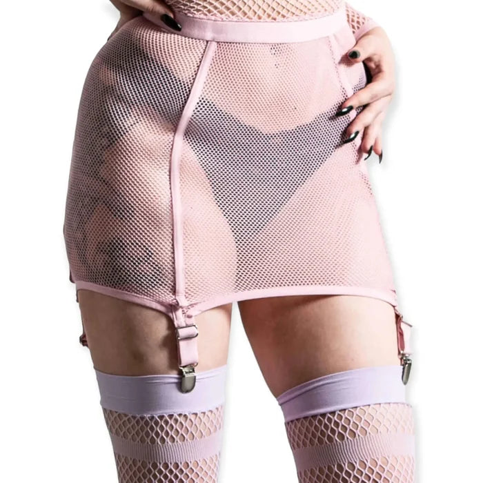 Pink Mesh Mini Skirt Silver Suspenders 4 silver garter clips and elastic waist for rave, goth, and punk layering