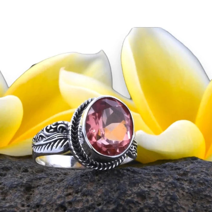 Pink Morganite Sterling Silver Ring with faceted oval pink gemstone and detailed handcrafted silver setting