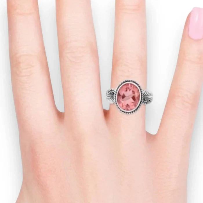 Pink Morganite Sterling Silver Ring with faceted oval pink gemstone and detailed handcrafted silver setting