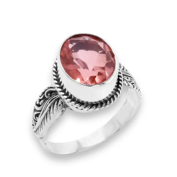 Pink Morganite Sterling Silver Ring with faceted oval pink gemstone and detailed handcrafted silver setting
