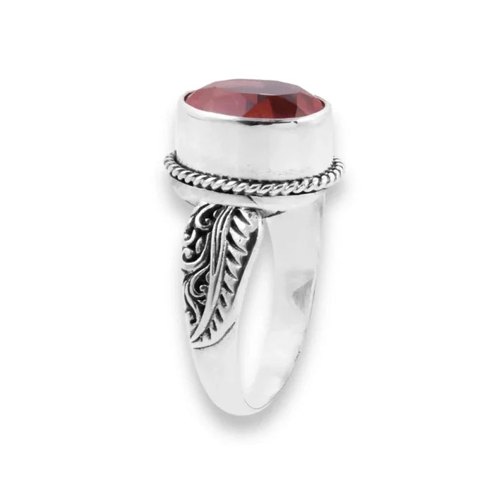 Pink Morganite Sterling Silver Ring with faceted oval pink gemstone and detailed handcrafted silver setting
