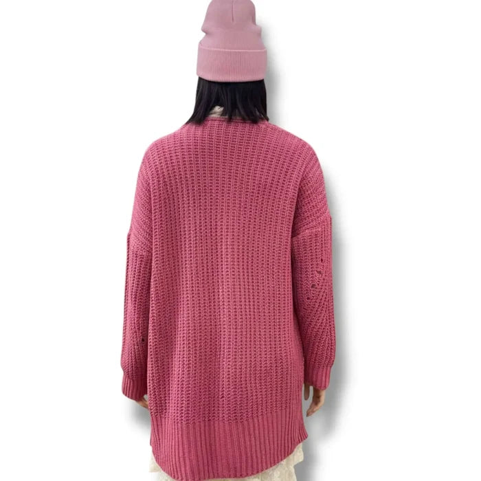 Pink Open Front Pockets Mid Length Knit Cardigan back view oversized cozy cold weather