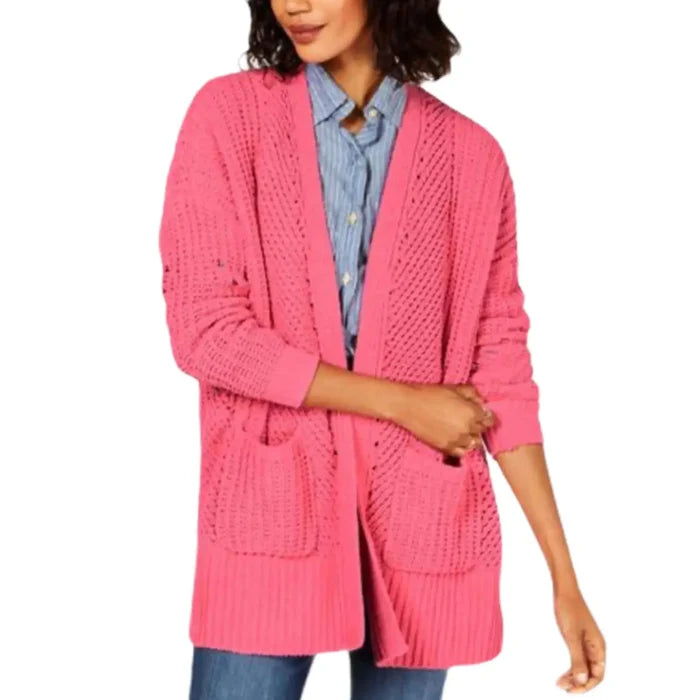 Pink open front mid-length knit cardigan with plush chenille, front pockets, and relaxed fit. Bold berry layer for cold-weather and early spring outfits.