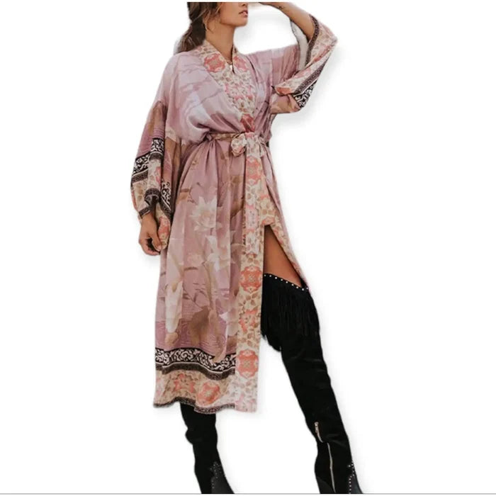 women's wearing wide brim hat with pink flamingo print kimono beach cover up with floral design and sash / one size fits most