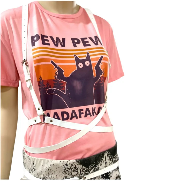 Pink PEW PEW Graphic Tee displayed on a mannequin wearing stylish white straps.