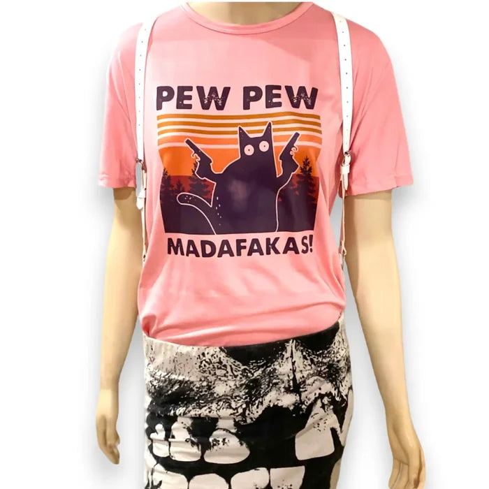 Pink PEW PEW Graphic Tee featuring a playful cat cartoon with a colorful design.