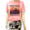 Pink PEW PEW Graphic Tee featuring a playful cat cartoon with a colorful design.