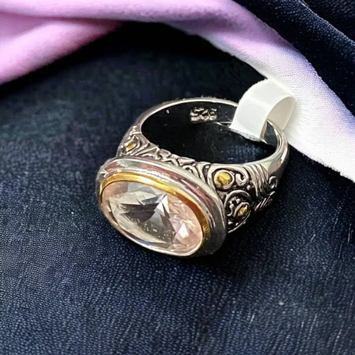 Pink Quartz Silver Gold Band Ring