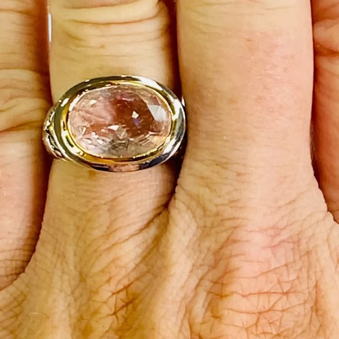 Pink Quartz Silver Gold Band Ring