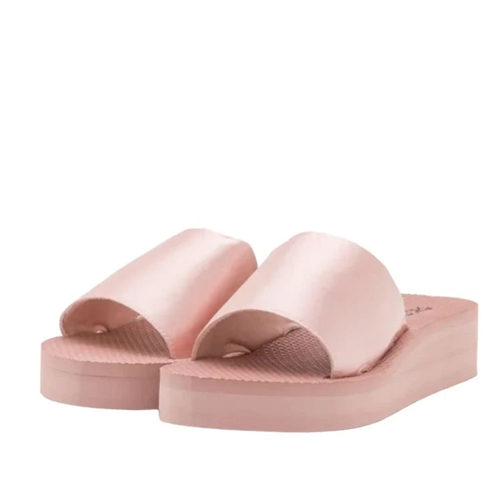 women's misty Pink Satin Strap Wedge Slide Sandals rubber sole size 8