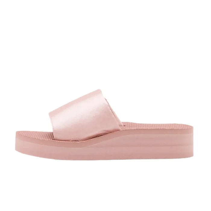 women's misty Pink Satin Strap Wedge Slide Sandals rubber sole size 8