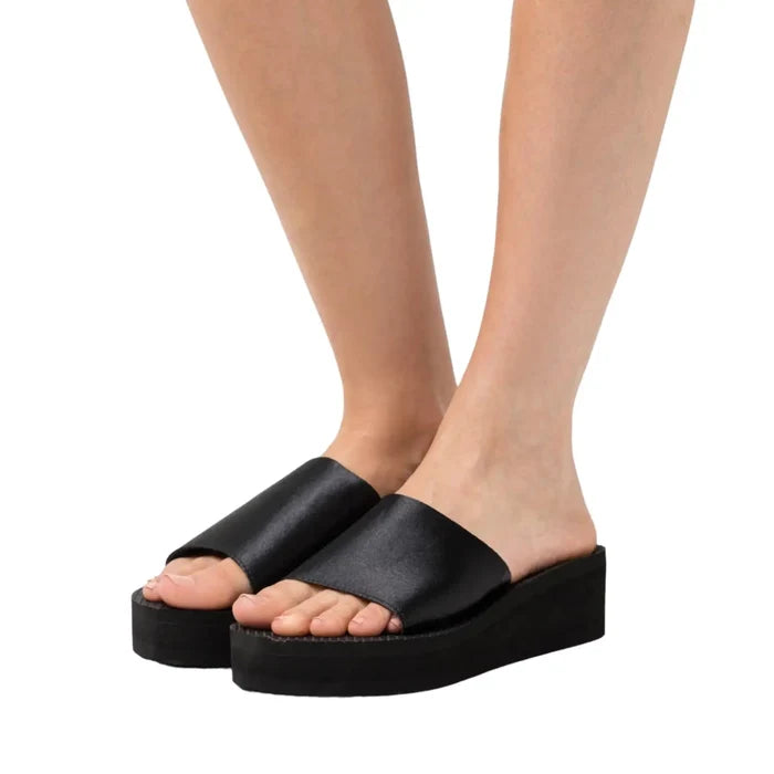women's black Satin Strap Wedge Slide Sandals rubber sole size 8