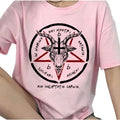Pink gothic tee with goat head and pentagram graphic, shown front on model