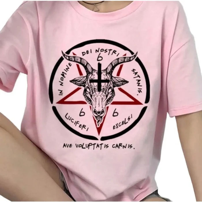 Pink gothic tee with goat head and pentagram graphic, shown front on model