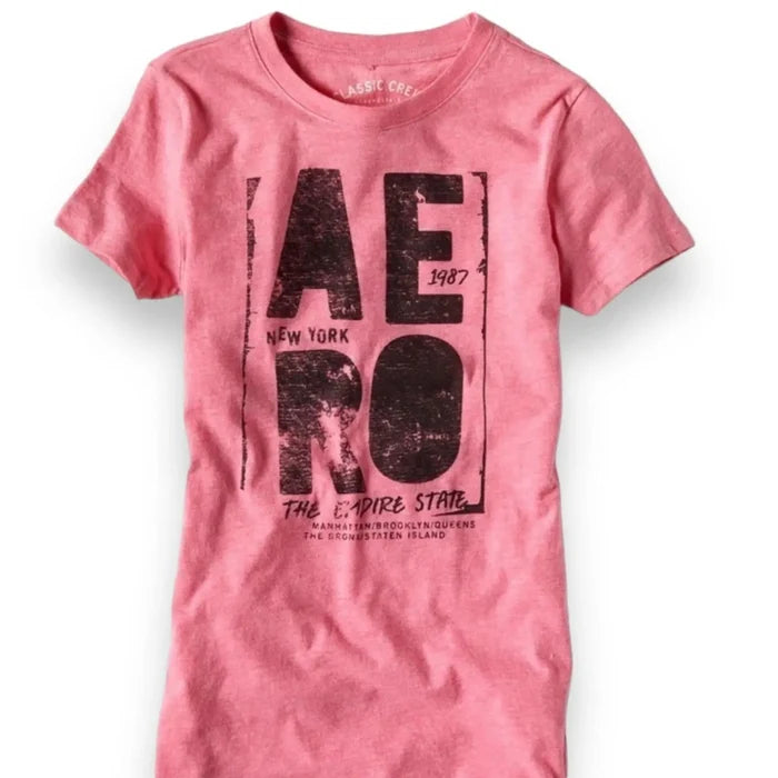 Aeropostale pink short sleeve graphic tee laid flat with black retro print