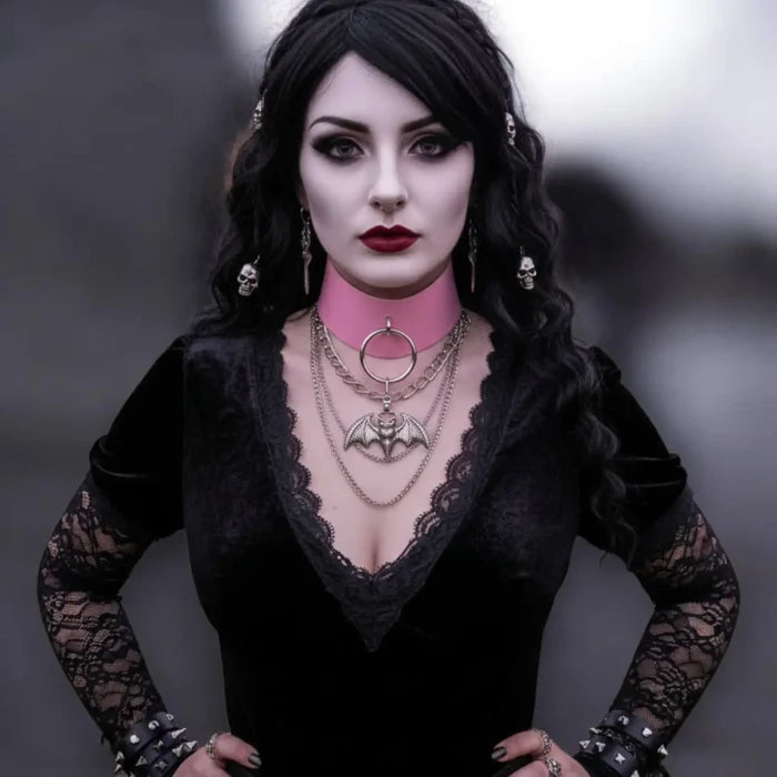Pink Silver Ring Wide Buckle Choker in pink faux leather with oversized O-ring and double buckle closure
