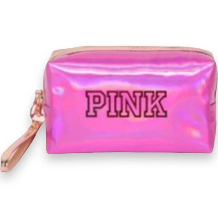 Pink iridescent waterproof cosmetic bag with zipper closure