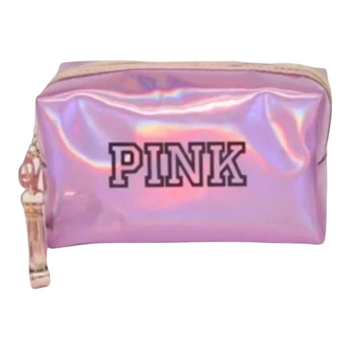 Pink iridescent waterproof cosmetic bag with zipper closure