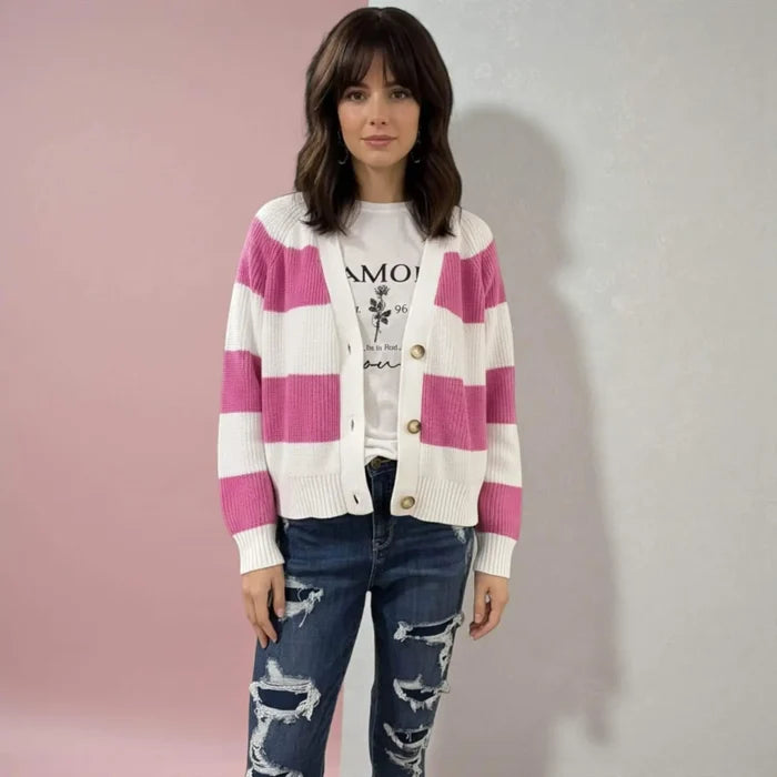 pink white striped boyfriend knitted cardigan cropped v neck button front y2k varsity style women’s sweater