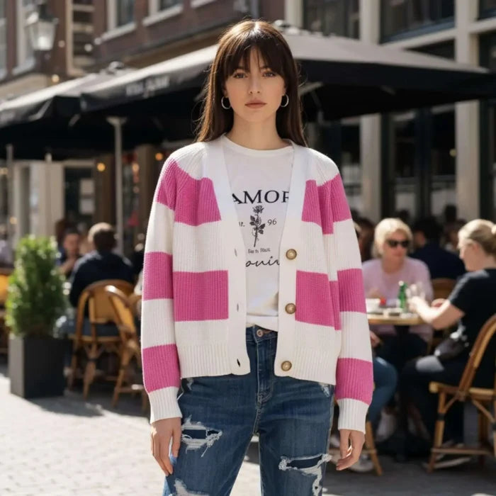pink white striped boyfriend knitted cardigan cropped v neck button front y2k varsity style women’s sweater