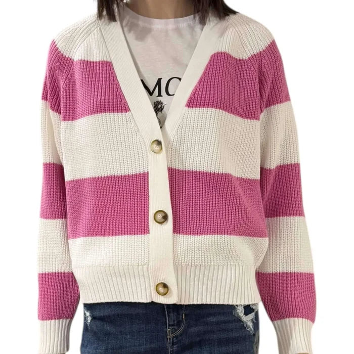 pink white striped boyfriend knitted cardigan cropped v neck button front y2k varsity style women’s sweater