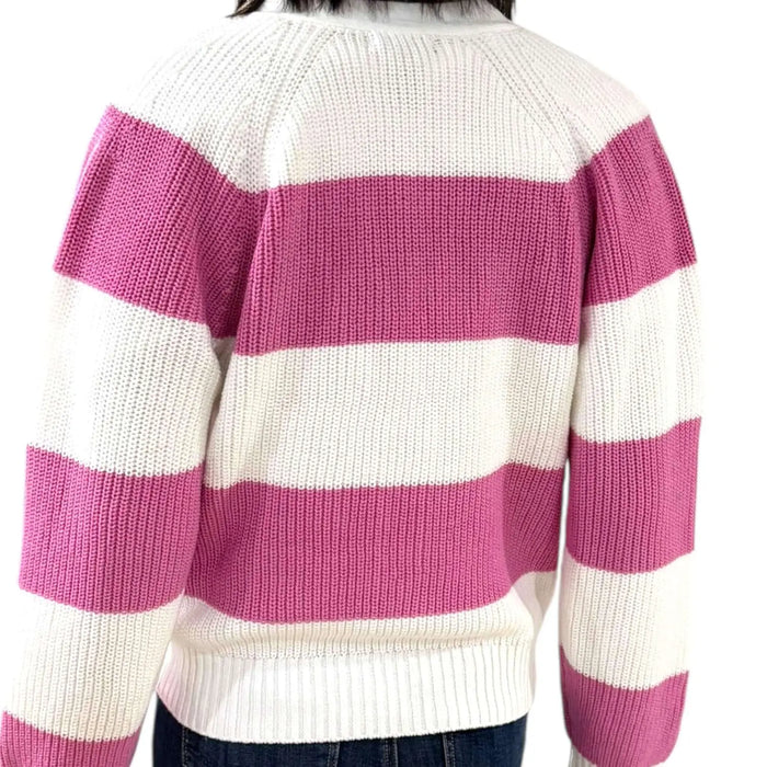 pink white striped boyfriend knitted cardigan cropped v neck button front y2k varsity style women’s sweater