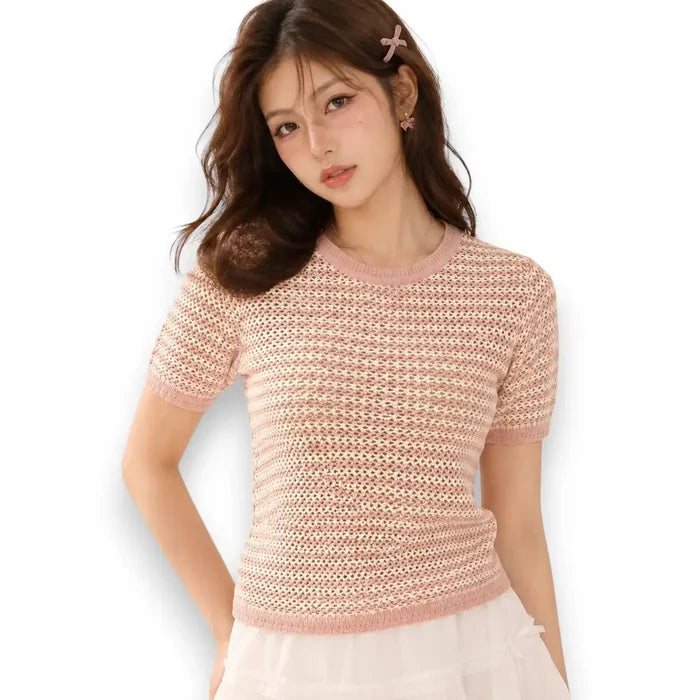 woman wearing Pink White Striped Crochet Short Sleeve Top with open-stitch cotton knit, crew neckline, ribbed trim, and hip-length fit