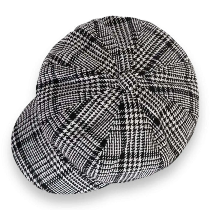 Plaid black and white newsboy hat flat lay button top / women's / one size