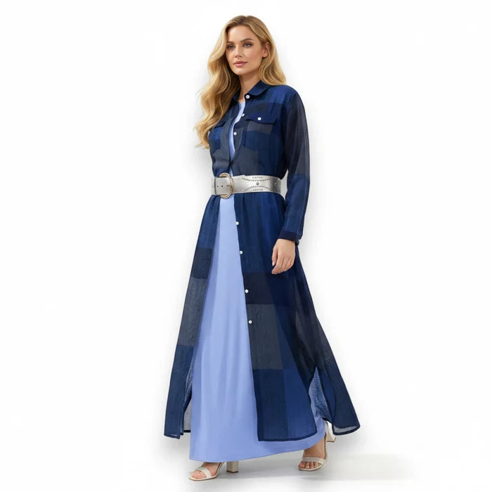 Woman wearing blue Plaid Button Down Maxi Shirt Dress /grunge streetwear style/ women's / XL
