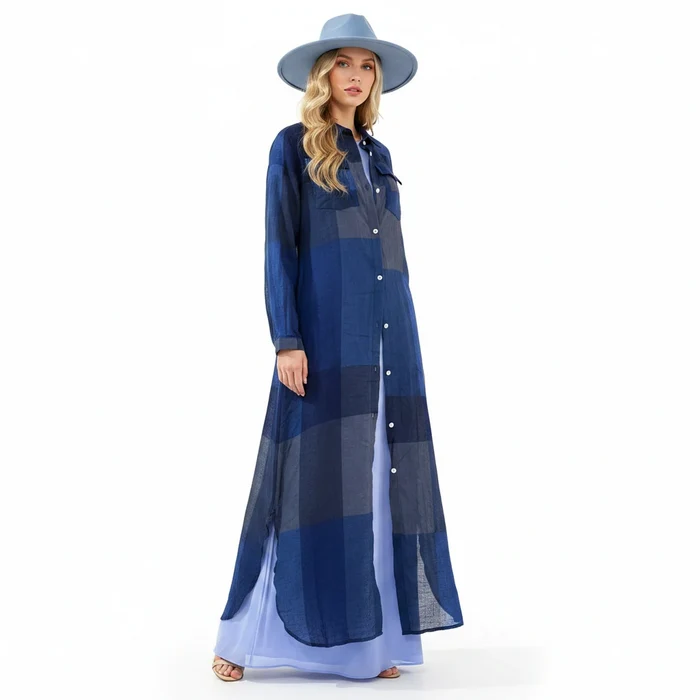 woman wearing blue Plaid Button Down Maxi Shirt Dress / XL