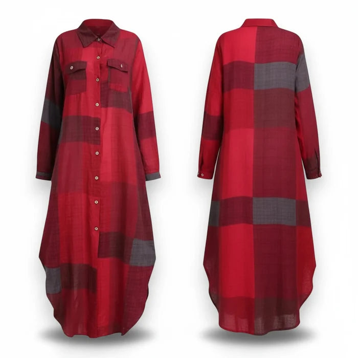 front and back of red Plaid Button Down Maxi Shirt Dress / women's / XL