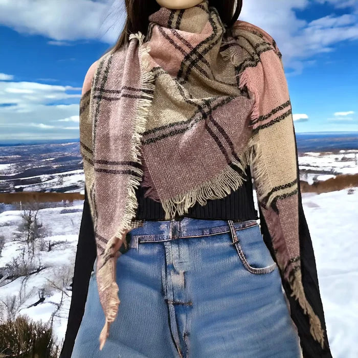 Plaid Triangle Neck Wrap Scarves woman wearing a multicolor with fringe, styled as a cozy layered shawl