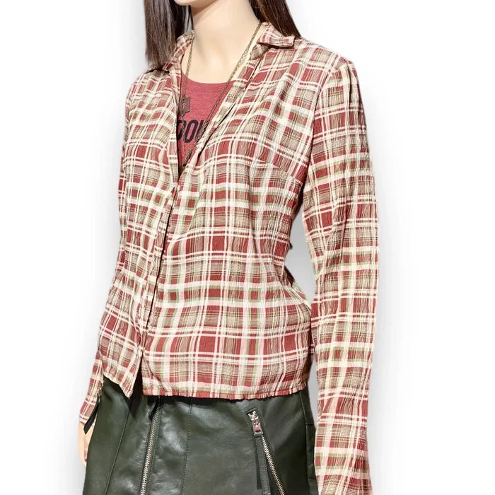woman wearing Plaid V Neck Fitted Button-Down Shirt -lace skirt, and burgundy hat white background
