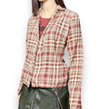 woman wearing Plaid V Neck Fitted Button-Down Shirt -lace skirt, and burgundy hat white background
